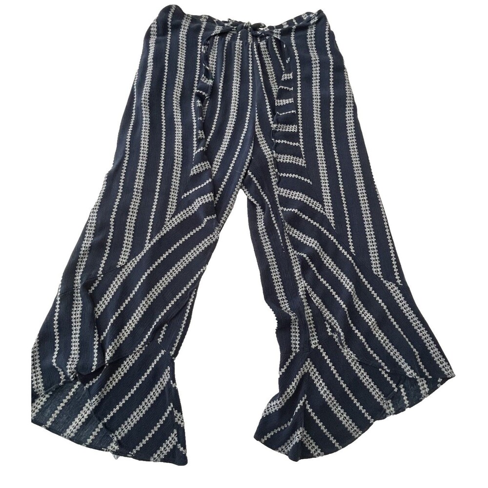 Palazzo Pants Navy Stripe Boho Handkerchief Hem Tie Waist Gypsy Y2K